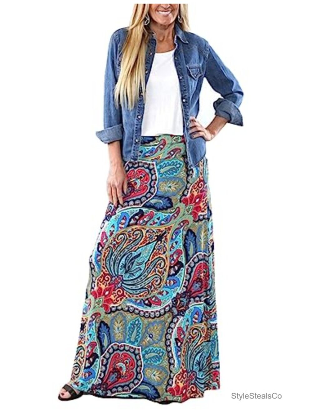 Bohemian Floral Print Maxi Skirt - Elastic Waist Maxi - Picture 1 of 6
